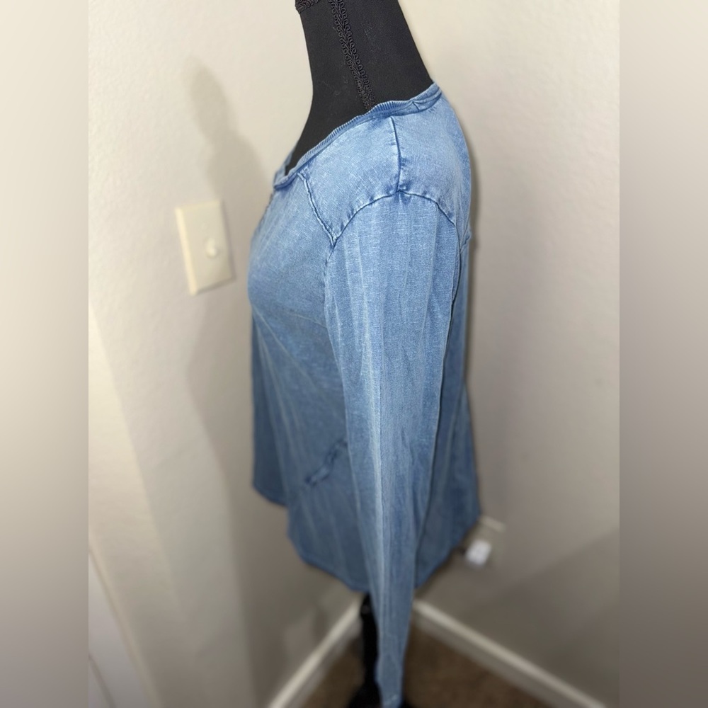 Spense Blue Acid Wash Boho Top Embroidered Y2K Long Sleeve Tee- Medium - Picture 5 of 9